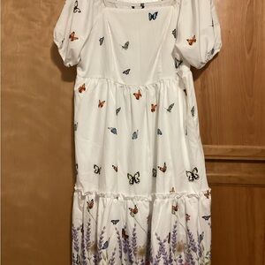 BloomChic White Midi Dress with Butterfly and Floral Print, tiered bottom, NWT